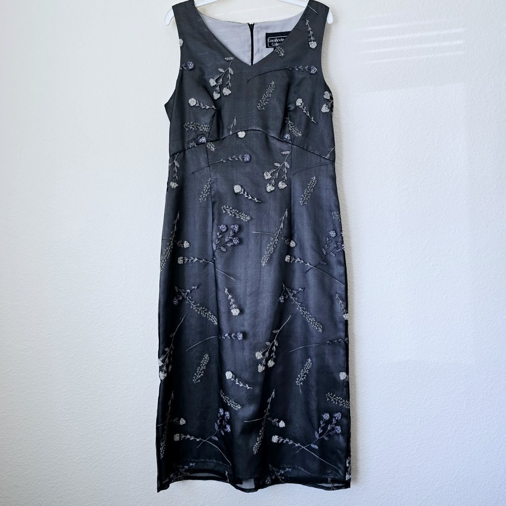 VTG Carol Anderson Silk Floral Sheath Dress Women Sz 4 Gray Sheer Embroider‎ Y2k